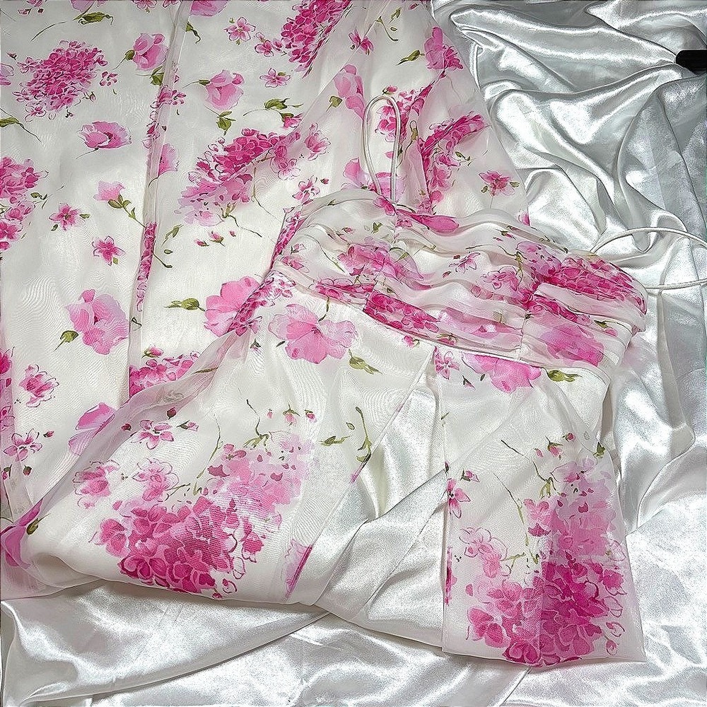 y2k Floral Maxi Dress Pink Excellent Morgan and Co Ruched Prom Gown 1/2